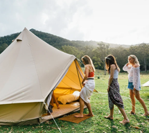 Glamping tent with 3 girls in the country