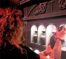 Girl exploring escape room display with urns